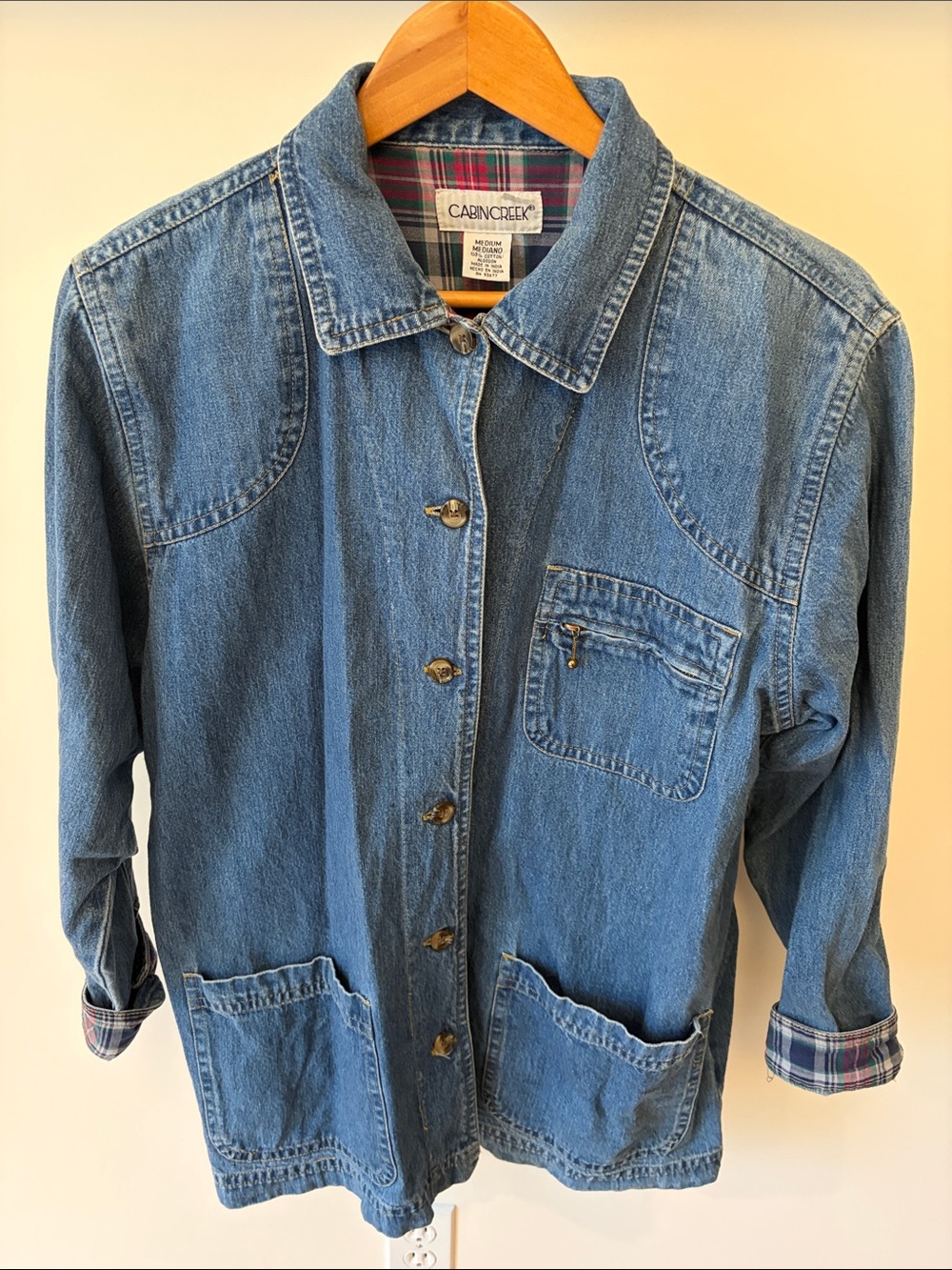 Cabin Creek Light Blue Denim Jacket with Plaid Lining Accents